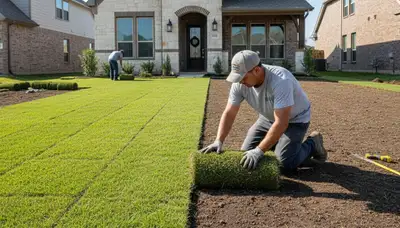 Professional sod installer laying turf rolls with precision in Dallas, TX lawn by Chop Chop Landscaping