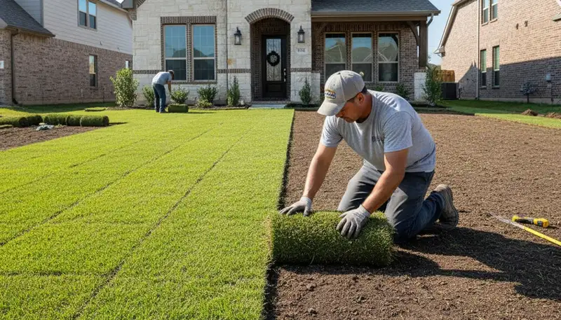 Professional sod installer laying turf rolls with precision in Dallas, TX lawn by Chop Chop Landscaping