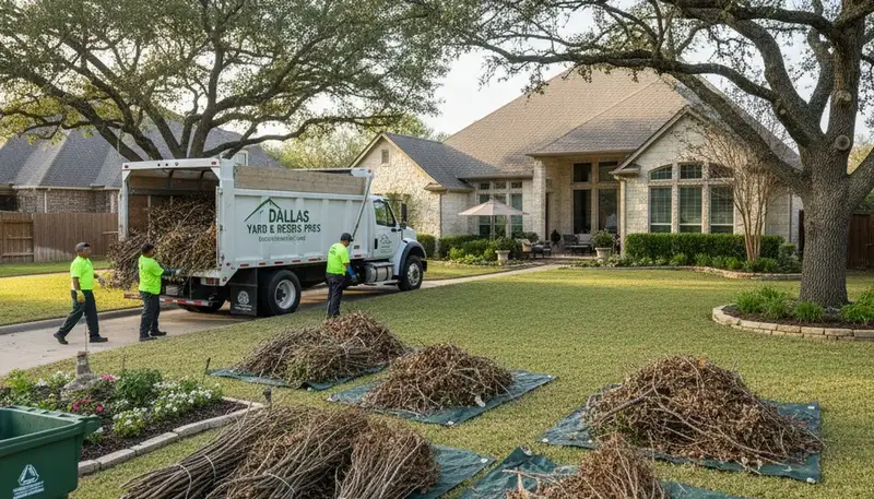 Professional landscapers hauling yard debris and branches during a Dallas TX property cleanup