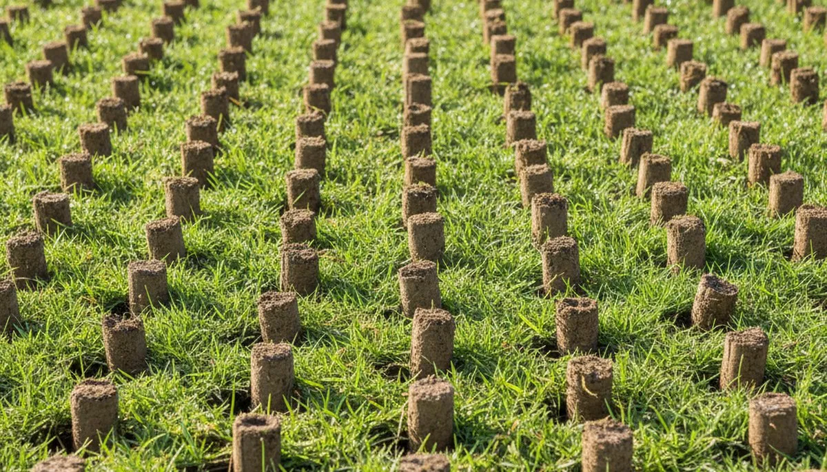 Close-up of lawn aeration soil cores on Dallas, TX turf by Chop Chop Landscaping