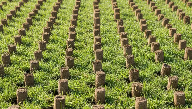 Close-up of lawn aeration soil cores on Dallas, TX turf by Chop Chop Landscaping