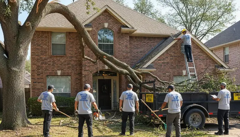 Emergency storm cleanup and debris removal by landscapers in Dallas, TX yard restoration scene