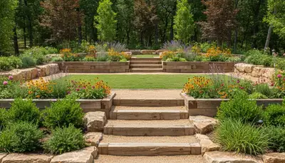 Terraced garden with timber steps and native plants by Dallas TX landscaping experts