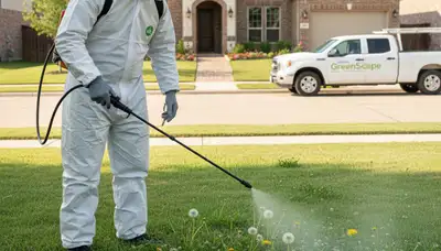 Lawn care technician applying weed control treatment with sprayer in Dallas, TX