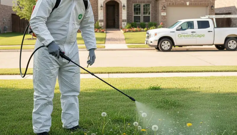 Lawn care technician applying weed control treatment with sprayer in Dallas, TX