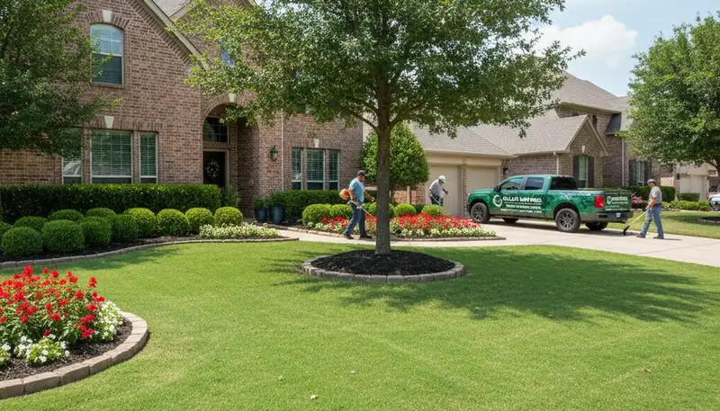 Lush residential lawn with expert maintenance by professional landscapers in Dallas, TX